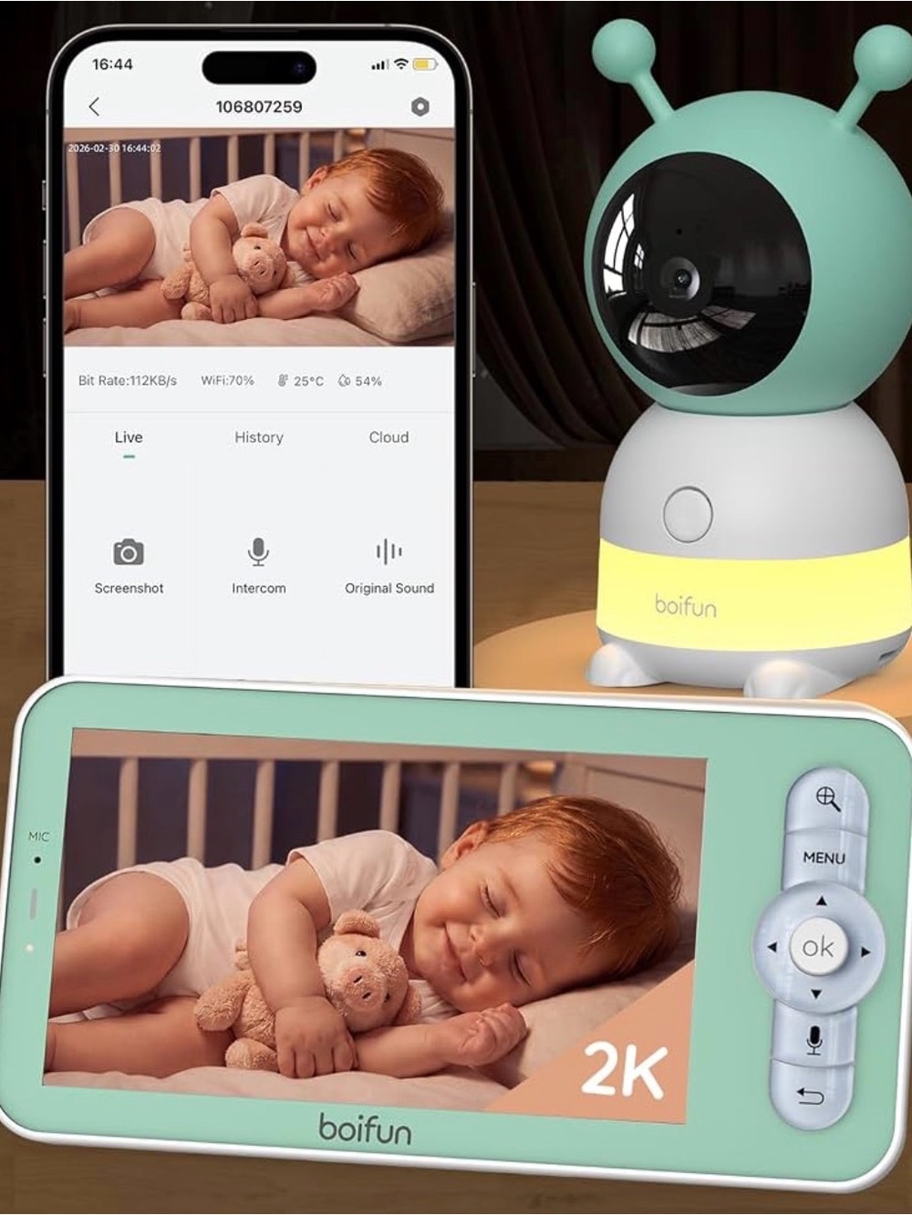 BOIFUN 2K WiFi Baby Monitor with Phone App, 5" Screen, Smart Night Light
